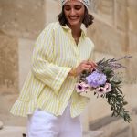 SASSYCLASSY Langarmbluse Gestreifte Musselin Bluse für Damen Oversized Baumwollbluse mit Rüschensaum und 3/4 Ärmel Gelb