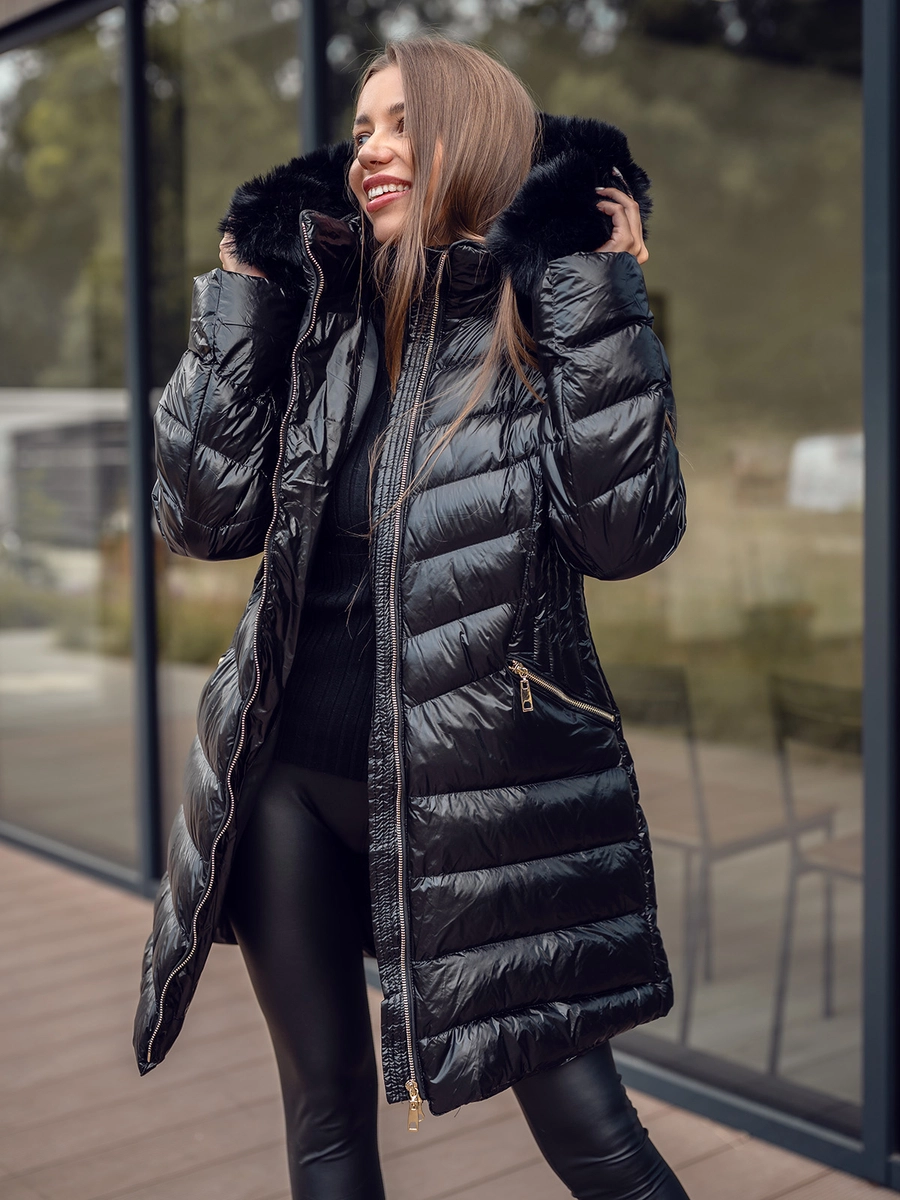 pufferjacke-damen-932eak.webp Damen Lange Gepolsterte Winterjacke Mantel mit Kapuze Schwarz Bolf 5M3162 – Bild 1
