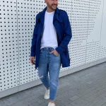 Herren Mantel Zweireihiger Trenchcoat mit Hochkragen und Gürtel Hellblau Bolf 0001 Bolf.de
